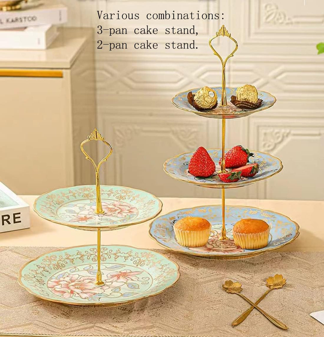 CHANJOON 3-stöckiger Keramik-Kuchenständer im Vintage-Stil mit schönem klassischem Rosenmuster, Lebe