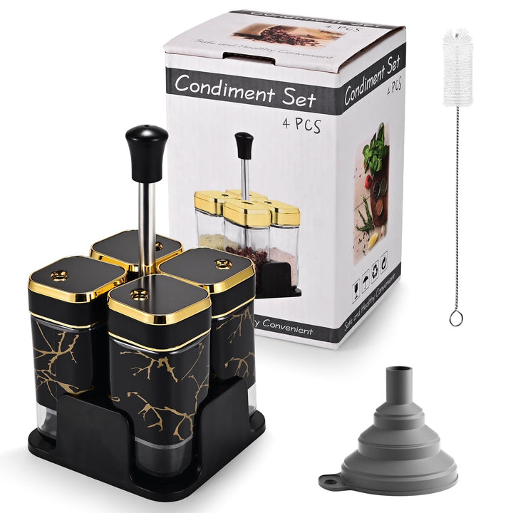 Miorkly Gewürzgläser Eckig - 4er Set mit Sockel,120ML Gewürzstreuer Set mit Schwarz Drehdeckel,Hochw