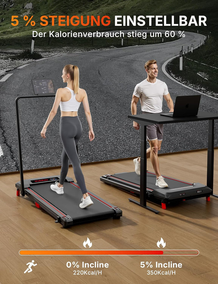 Laufband mit 5% Steigung, Kompaktes Untertisch-Laufband für Haus und Büro, Tragbare Laufmaschine mit