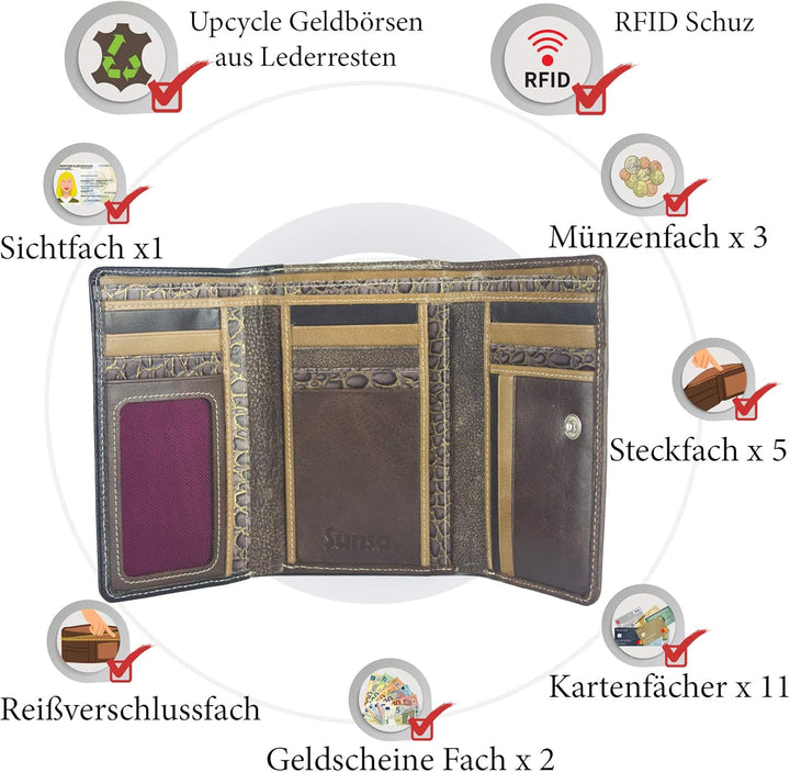Sunsa Geldbörse. Damen grosse Geldbeutel. Leder Portemonnaie mit RFID Schutz. Brieftasche mit viele