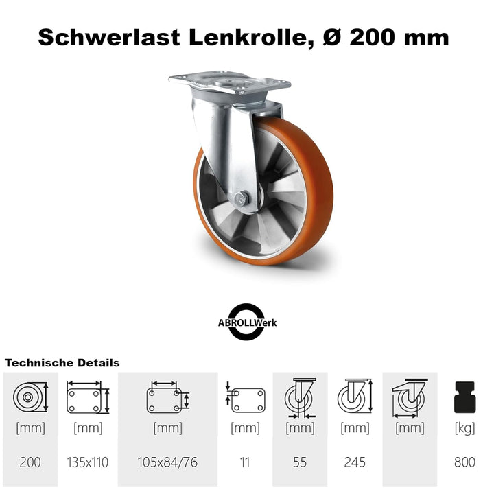 Abrollwerk Schwerlast 20 cm Durchmesser Lenkrolle, Aluminiumfelge, Doppelkugellager, dynamische Trag