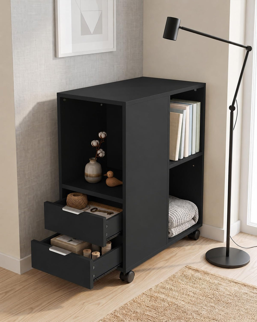 Rollcontainer Aktenschrank, Büro Schubladenschrank Untertisch, Schwarz Schwarz Holz, Schwarz Holz