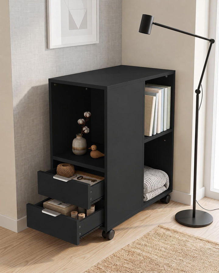 Rollcontainer Aktenschrank, Büro Schubladenschrank Untertisch, Schwarz Schwarz Holz, Schwarz Holz