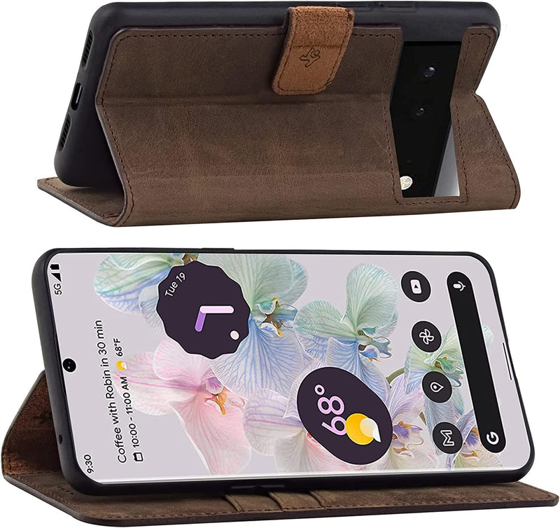 Suncase Book-Style Hülle kompatibel mit Google Pixel 7A 5G Leder Tasche (Slim-Fit) Lederhülle Handyt