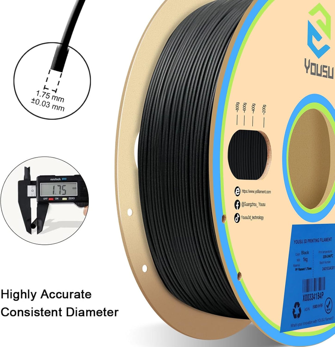 YOUSU Polypropylene PP Filament 1.75mm (± 0.03) for 3D Printer Included Build Sheet, Semi-Flexible U