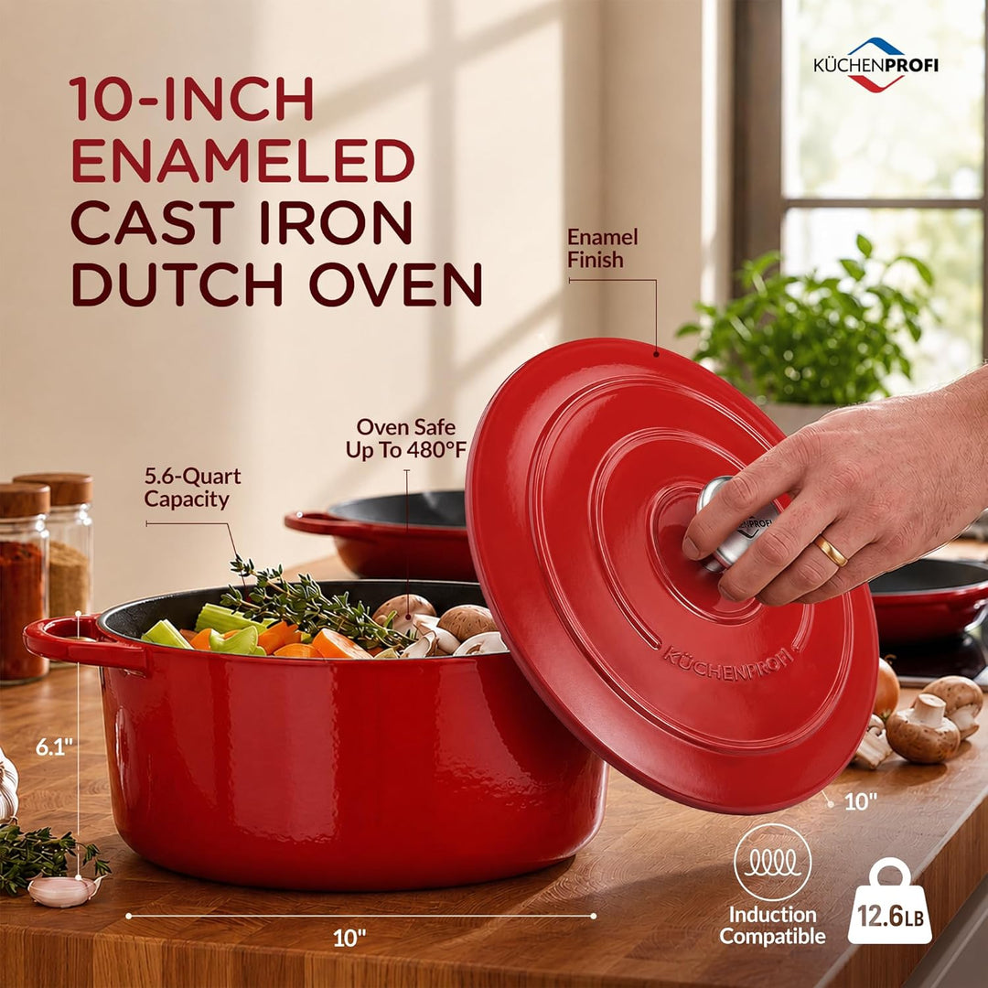 Küchenprofi Gusseisen Bräter mit Deckel, rot/innen schwarz , 26 cm, Schmortopf, Auflaufform, Dutch O
