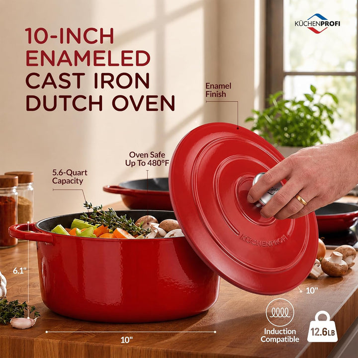 Küchenprofi Gusseisen Bräter mit Deckel, rot/innen schwarz , 26 cm, Schmortopf, Auflaufform, Dutch O