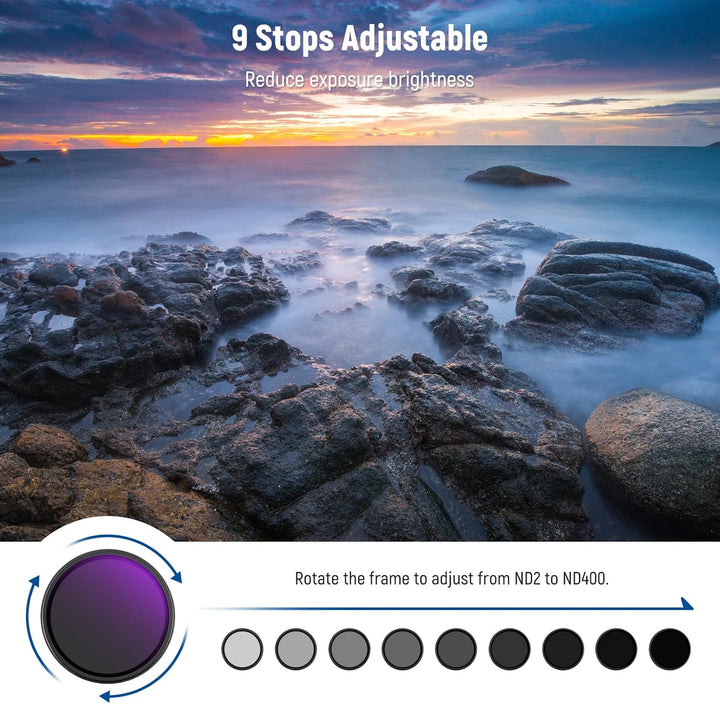 NEEWER 58mm Variabler ND Filter ND2-400 (1-9 Stop) mit 3X Reinigungstuch, Einstellbarer, drehbarer G
