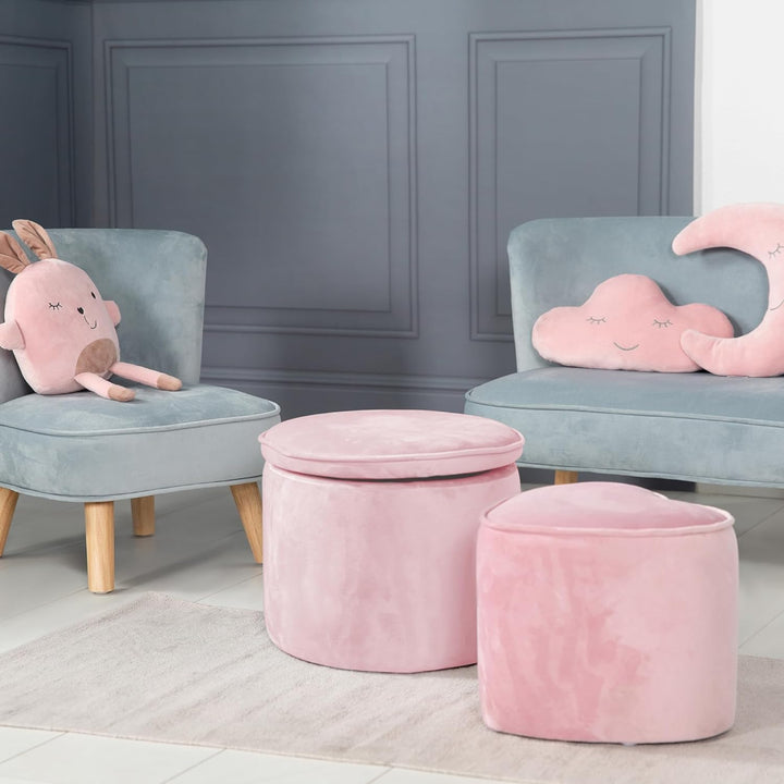 roba Kinderhocker Lil Sofa mit Stauraum - Ovaler Hocker in rosa Samtstoff - Polstermöbel Pouf für Ki