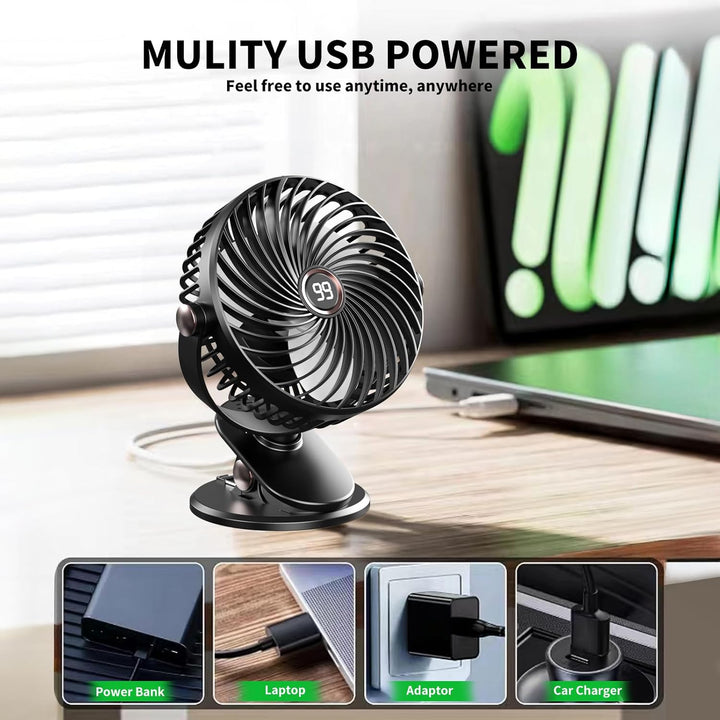 Schreibtischventilator, Mini-Ventilator, USB, leise, mit LCD-Display, 6000 mAh, kleiner Ventilator,