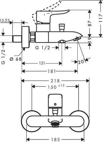 Hansgrohe Wannenarmatur Metris, 31480000, Aufputz Einhebel-Wannenmischer, mit Schalldämpfer, Keramik