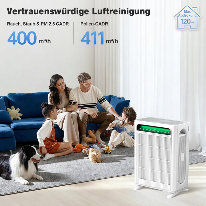 KNKA Luftreiniger für Raucher &amp; Haustiere, CADR 400m³/h, bis 120m², Weiss | entfernt 99,97% Pollen/G