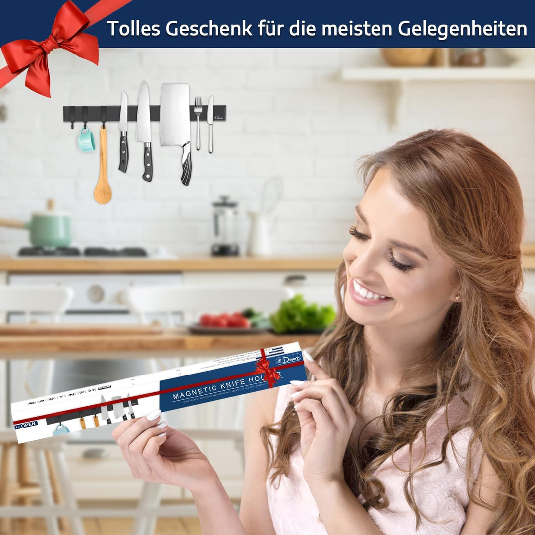 Dmore Magnetleiste Messer, 2. Generation Upgrade, mit 3 Haken, 40 cm Messerhalter magnetisch schwarz