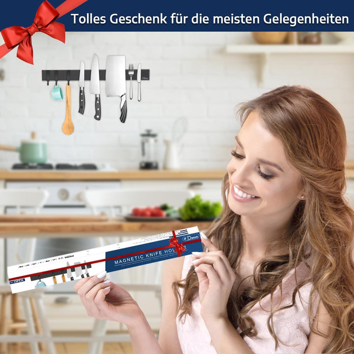 Dmore Magnetleiste Messer, 2. Generation Upgrade, mit 3 Haken, 40 cm Messerhalter magnetisch schwarz