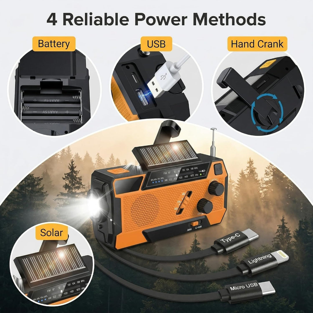 Notfall Radio Kurbelradio mit 3 USB-Lademöglichkeiten, Solar Radio 2000mAh Powerbank Typ-C/Micro-USB