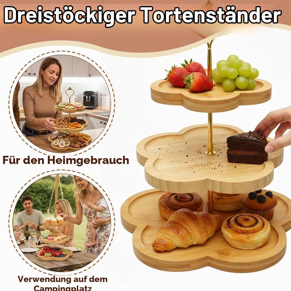 Etagere 3 Etagen Bambus, Holz-Cupcake-Ständer Blumenform-Design, Bambus-Etagere Buffet Ständer Servi