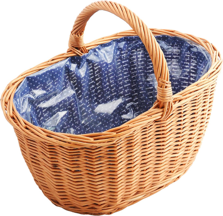 Grosser Einkaufskorb / Autokorb aus Weide mit Henkel und Stoffeinlege in Blau mit punkten oval Typ