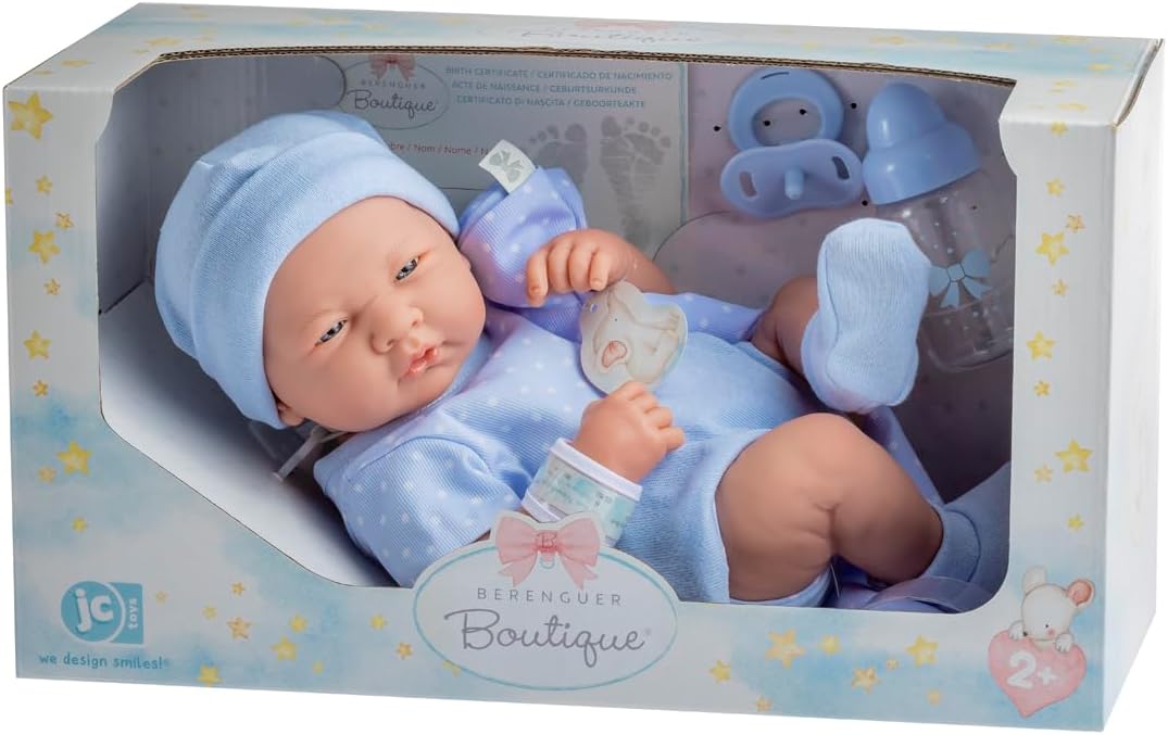 JC TOYS 102-18540 – Kinderpuppe, Körper aus Gummi, Blaue Kleidung mit Punkten, 36 cm