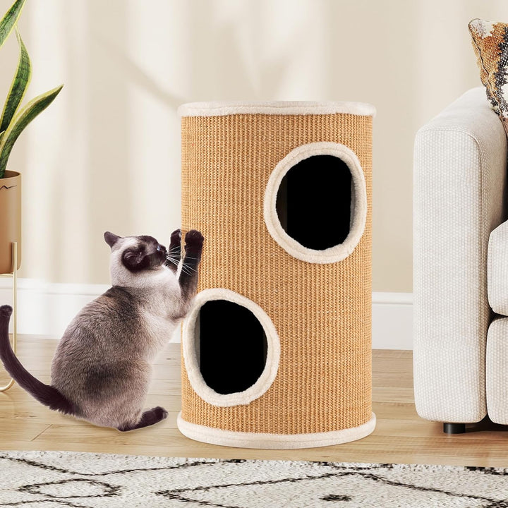 GYMAX Kratztonne Ø 36 cm, Höhe 60 cm, 2-stöckige Katzentonne mit Plüschsitz, Sisal-Kratzbrett, gross