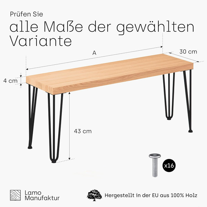 LAMO Manufaktur Sitzbank Esszimmer Holzbank 30x60x47 cm, Möbelfüsse Creative Schwarz/Natur, LSB-01-A