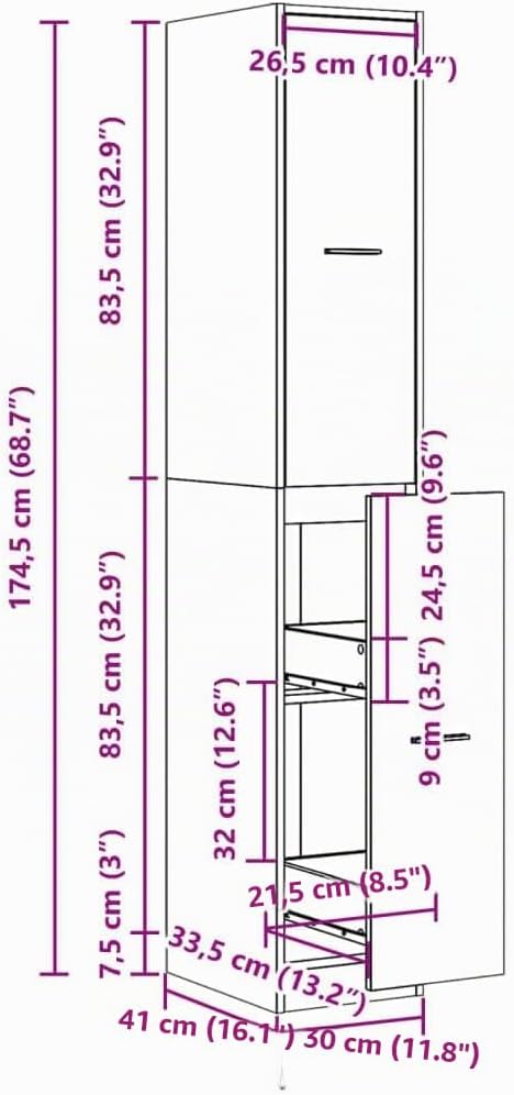 vidaXL Apothekenschrank, grau, 30 x 41 x 174,5 cm, Spanplatte, Apothekenschrank, Apothekenmöbel, Sch