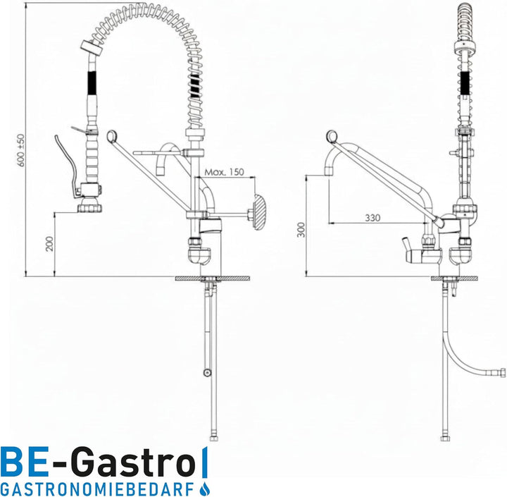 BE-GASTRO® I Profi Gastro Geschirrbrause „Premium“ inkl. Wasserhahn, Mischbatterie & ergonomischem L