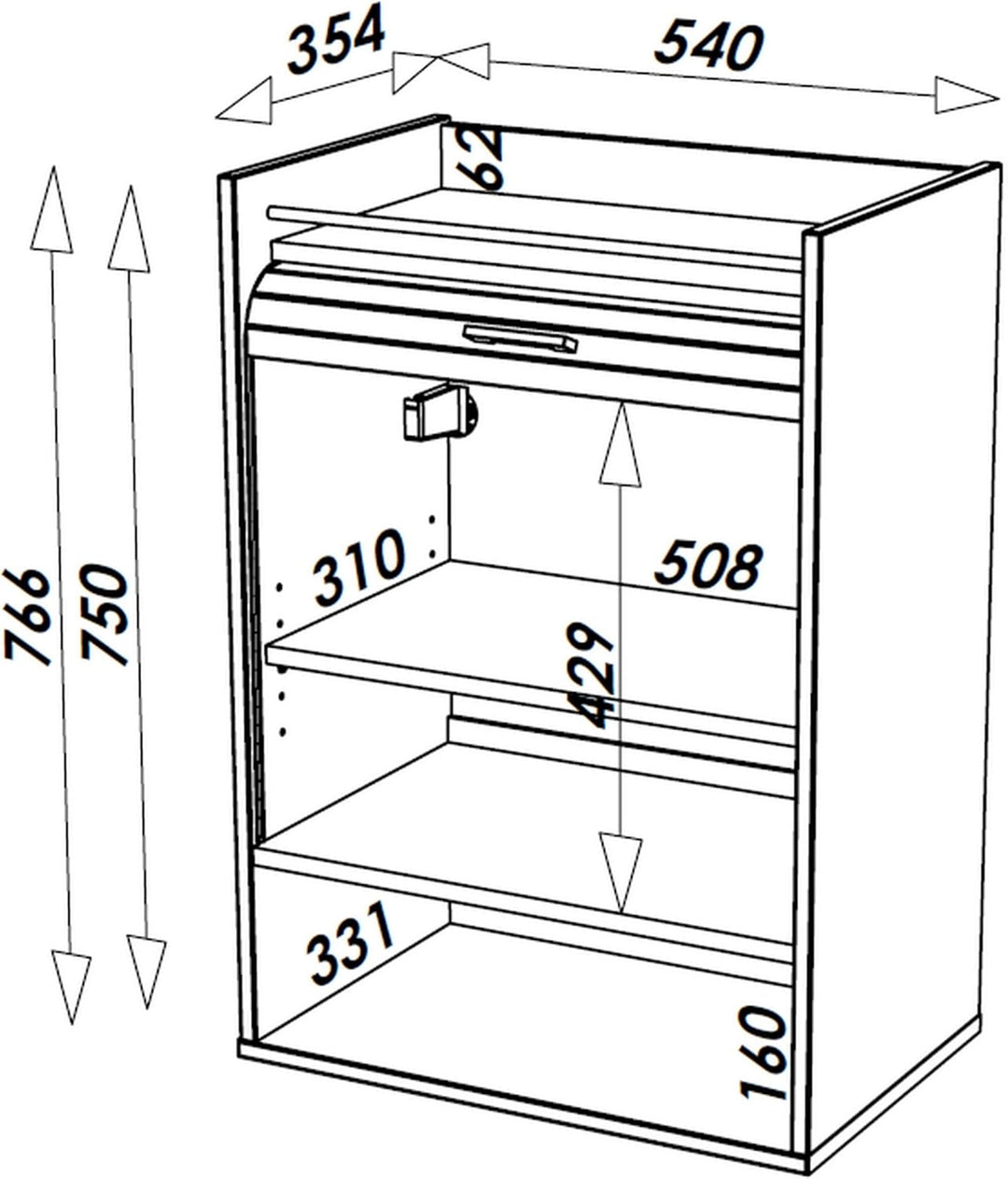 SIMMOB Küchenmöbel, weiss, Vorhang schwarz oder weiss, 4 Fächer, L 54 cm, H 76,6 cm, T 35,4 cm