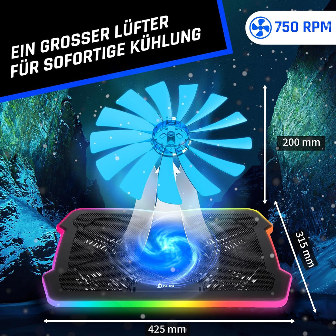 KLIM Ultimate Laptop Kühler + NEU + Gaming Cooling Pad + Stabiler RGB Ständer mit Lüfter + Kompatibe