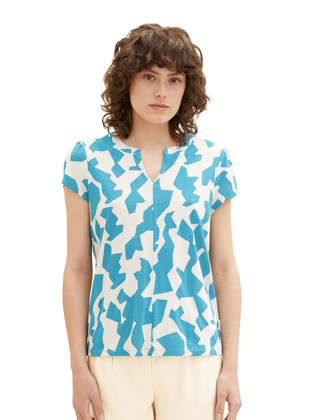 TOM TAILOR Damen Blusen T-Shirt mit Muster S 32146 - Petrol Big Abstract Design, S 32146 - Petrol Bi
