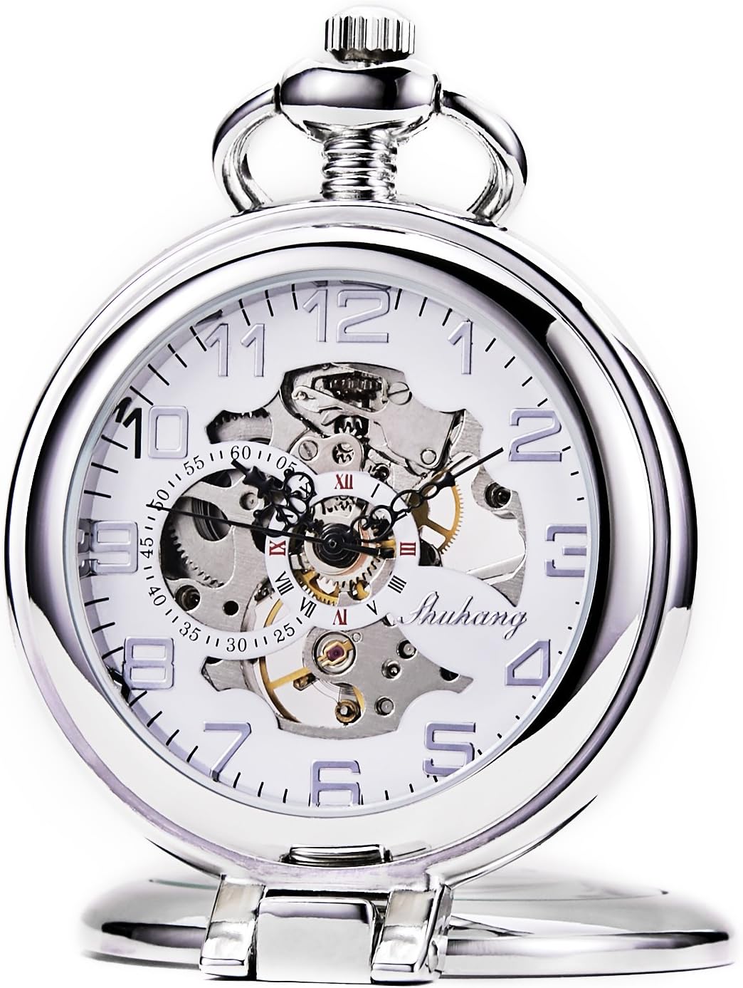 TREEWETO Unisex Taschenuhr mit Kette Analog Handaufzug Stehende Lupe Skelett Silber