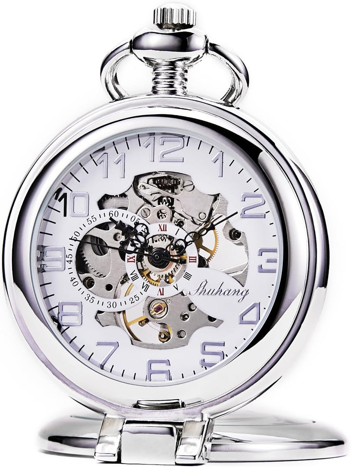 TREEWETO Unisex Taschenuhr mit Kette Analog Handaufzug Stehende Lupe Skelett Silber