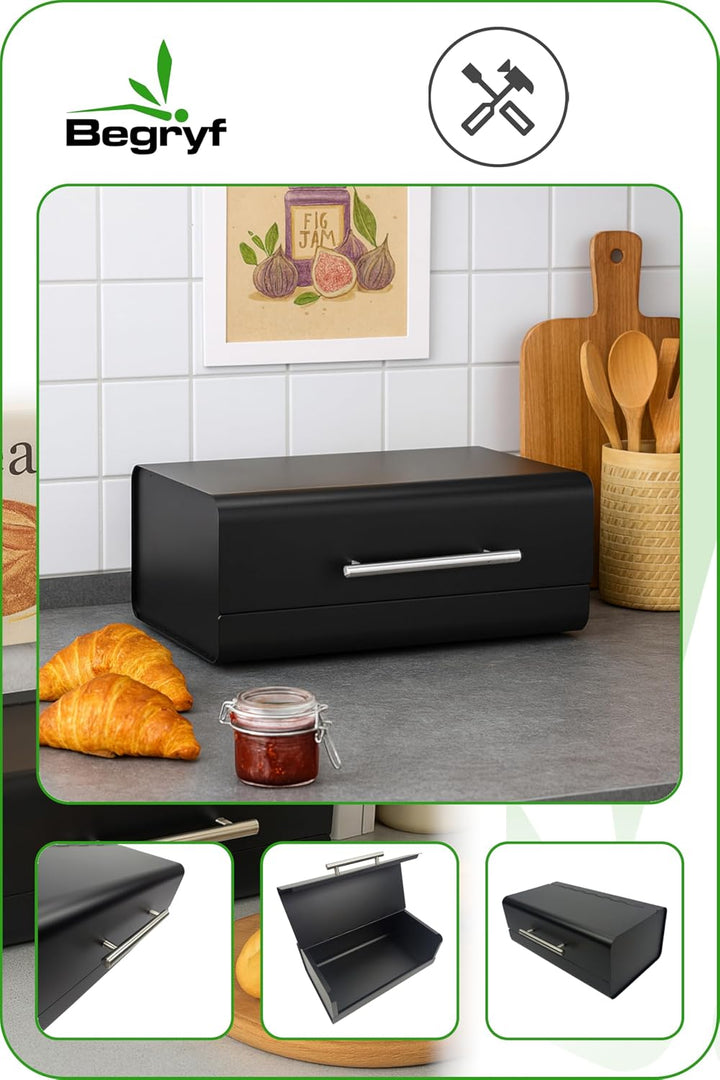 Metall-Brotkasten 36 cm, schwarzer Brotkasten mit Klappdeckel und Edelstahlgriff, kompakte Brotbox f