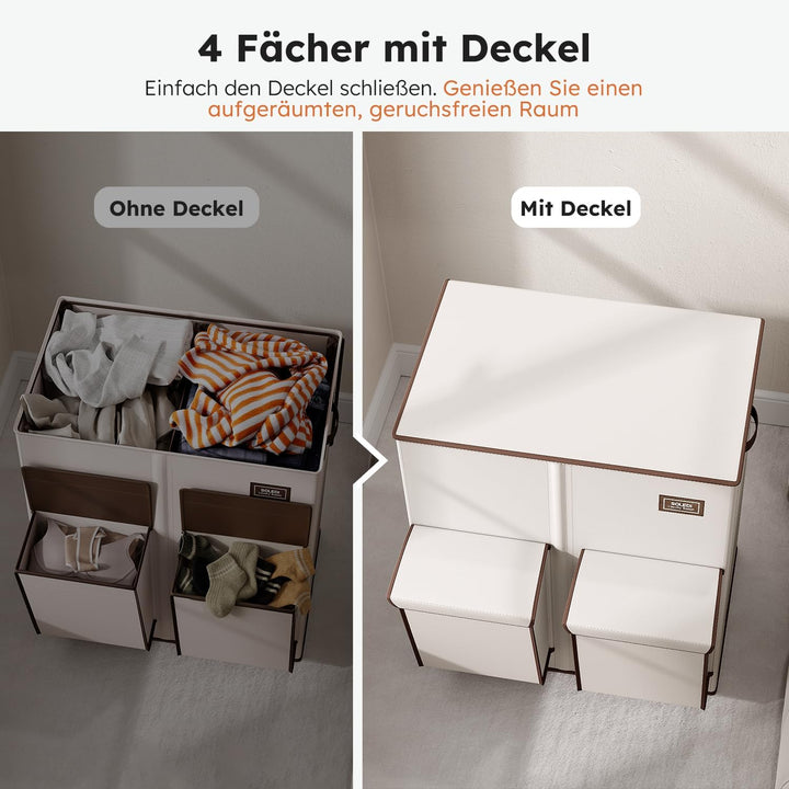 SOLEDI 180L Wäschekorb mit Deckel, Wäschesammler 2 Fächer mit 2 Seitentaschen, Laundr Baskets mit 2