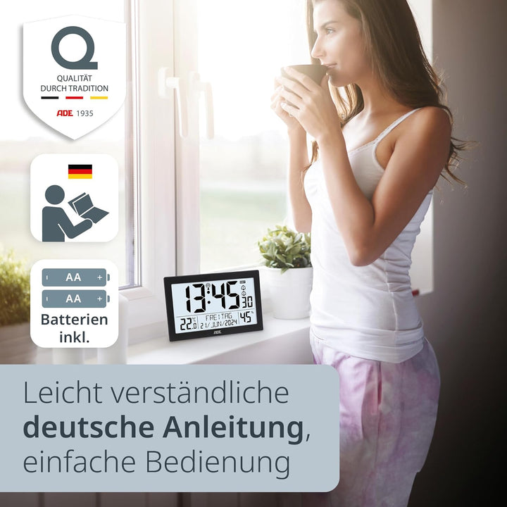 ADE Digitale Funkuhr mit grossem XL-Display | Kalender | mit Temperaturanzeige & Hygrometer | Wanduh