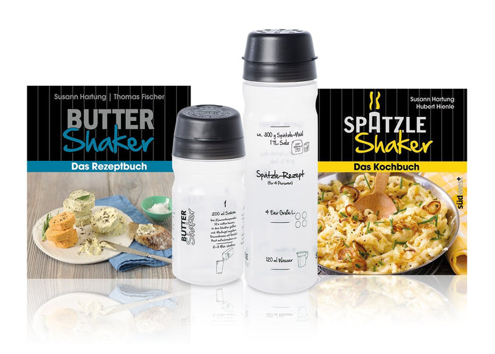 Grosses Shaker-Set (SCHWARZ) mit Butter-Shaker + 4-Portionen 2 x Kochbücher