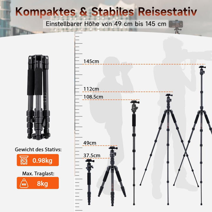 Rollei Compact Compact Traveler No I Carbon I Schwarz I Leichtes-Reisestativ I Foto-Stativ mit gerin