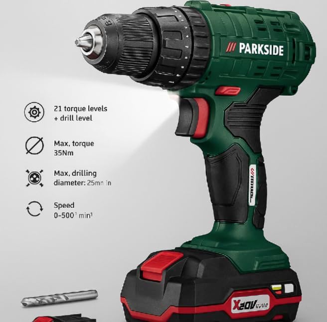 PARKSIDE Akku-Bohrschrauber PBSA 20-Li A1, 20V, 35 Nm Drehmoment, 21 Stufen, 500 U/min, LED-Licht, m