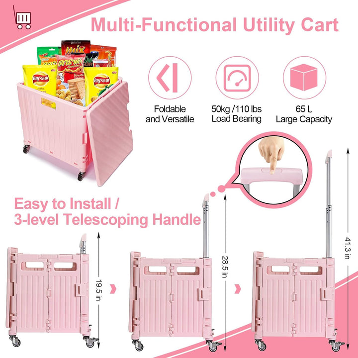 Einkaufstrolley Klappbar, Einkaufstrolley mit Deckel 65L bis 40KG, Kunststoff Einkaufswagen Klappbar