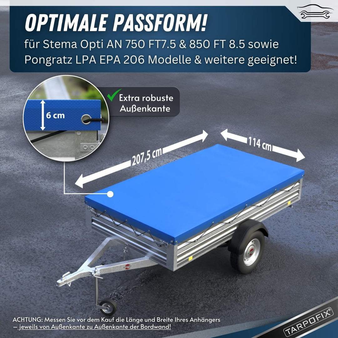Tarpofix® Anhängerplane Flachplane 2075x1140x100 mm inkl. Planenseil - ECHTES PVC PLANENMATERIAL - E