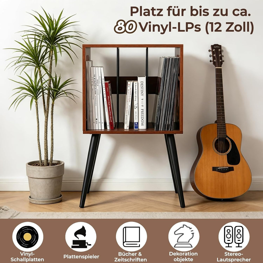 Plattenspieler-Ständer für 80 Alben LP Regal Holz Mid-Century Retro | Schallplattenregal mit Monster