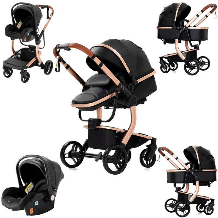 Magic ZC PU-Leder Kinderwagen 3 in 1, Kinderwagen Set Umkehrbarem Doppelschiebemodus, Kombikinderwag