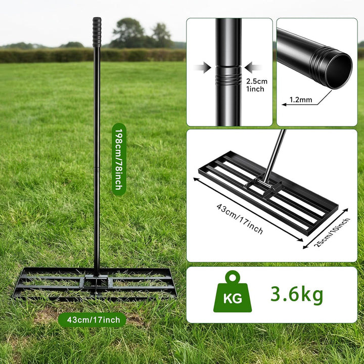 Rasen-Nivellierungsrechen 198cm 43x25cm, Verstellbarer Rasenplanier-Rechen mit 119–198 cm Griff, 180