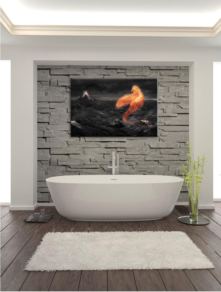 Pixxprint Brennender Phönix Vulkanlandschaft als Leinwandbild/Grösse: 100x70 / Wandbild/Kunstdruck/f