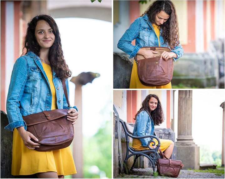 LECONI Umhängetasche Freizeittasche mit Trageriemen Damen Schultertasche in Echtleder Vintage-Look L