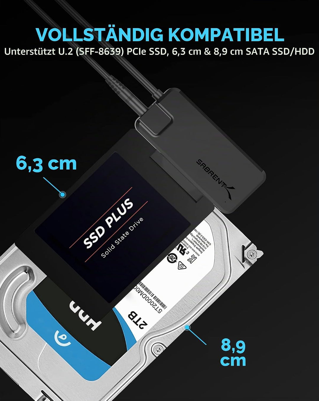 SABRENT SATA/U.2 USB Adapter SSD HDD 2,5 3,5 Zoll Festplattenadapter USB, 3.2x2 10Gbps (EC-U2SA) SAT