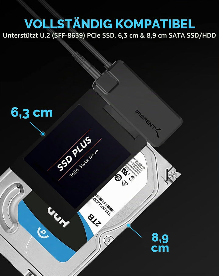 SABRENT SATA/U.2 USB Adapter SSD HDD 2,5 3,5 Zoll Festplattenadapter USB, 3.2x2 10Gbps (EC-U2SA) SAT
