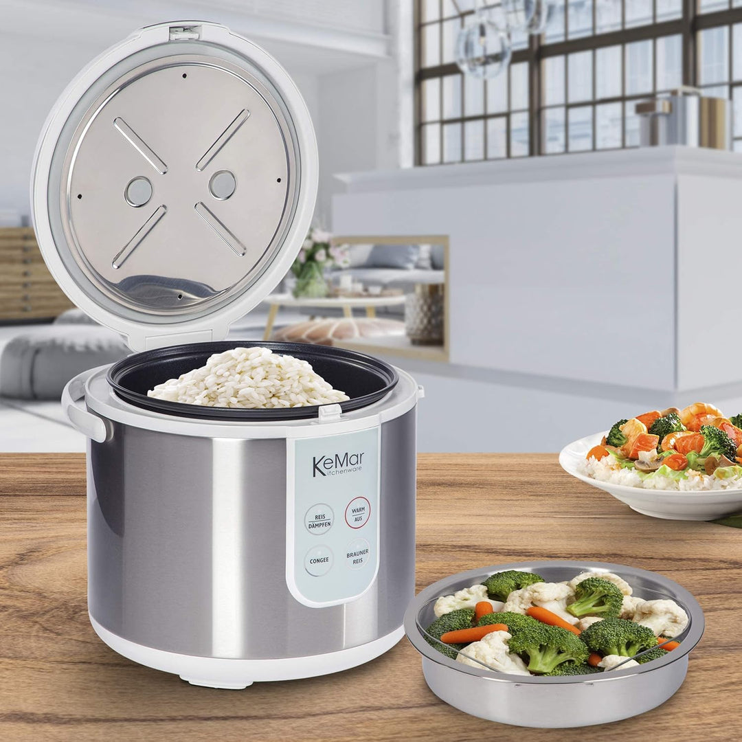 KeMar Reiskocher +GRATIS Essstäbchen (700W, 1,8l, Edelstahl) Brauner Reis, Naturreis - Keramik Besch