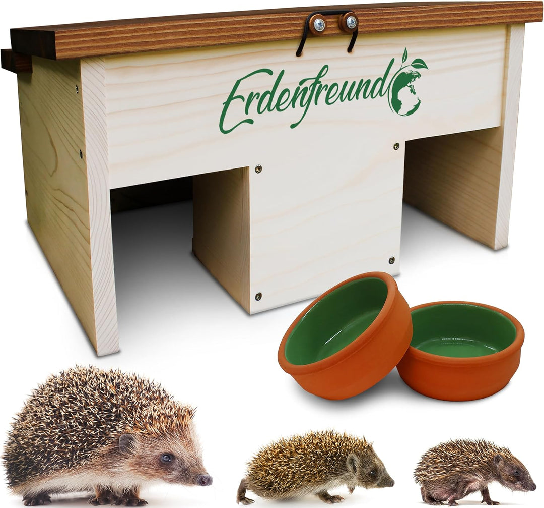 ERDENFREUND® Igelfutterhaus + 2er Set Wasser- & Futternapf Igelhaus kaufen artgerecht mit festem Dac
