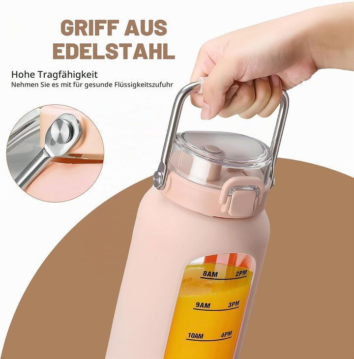 BLUEGO 2000ml Glaswasserflasche mit Edelstahlgriff und Zeitmarkierung 2L Trinkflasche Borosilikatgla