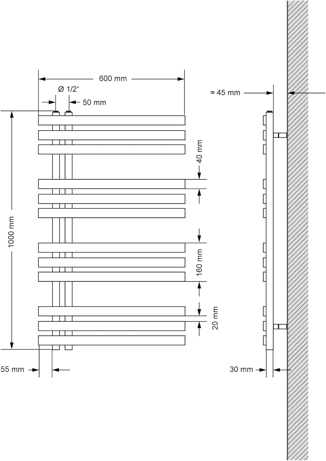 ECD Germany Iron EM Design Badheizkörper Elektrisch mit Heizstab 600 W - 600 x 1000 mm - Anthrazit -